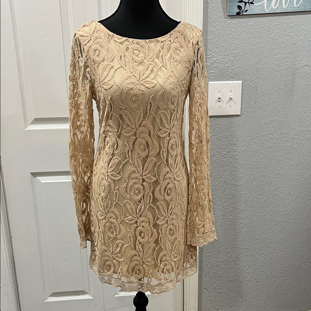Fire Los Angeles Tan Floral Lace Long Sleeve Dress
